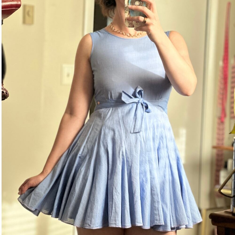 Juicy Couture Girls 14 Pleated Mini Dress A Line Bow Tie Light Blue Chambray
